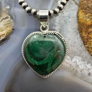 Sterling Silver Southwestern Style Malachite Heart Shape Pendant For Women